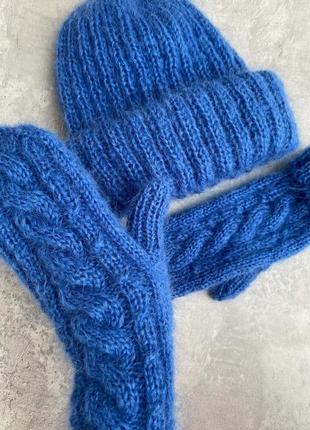 Рукавицы варежки вязаные митенки мохер повязка шапка такори шерсть бежевый розовый