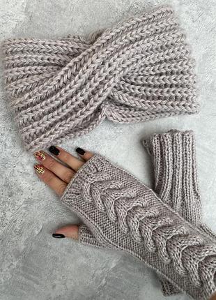 Рукавицы варежки вязаные митенки мохер повязка шапка такори шерсть бежевый розовый