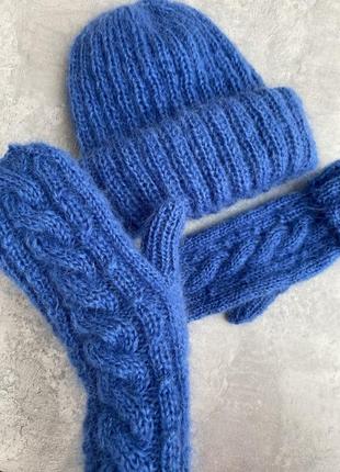 Рукавицы варежки вязаные митенки мохер повязка шапка такори шерсть бежевый розовый