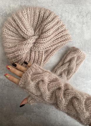 Рукавицы варежки вязаные митенки мохер повязка шапка такори шерсть бежевый розовый