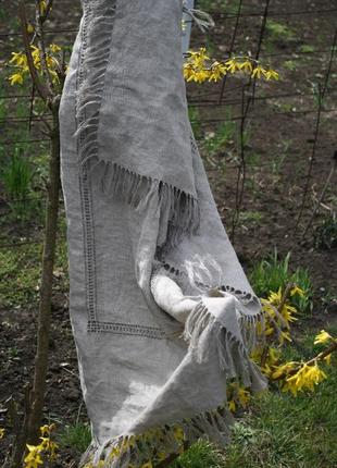 Лляна скатертина з мережкою і кистями 140*100 см, льон 100%