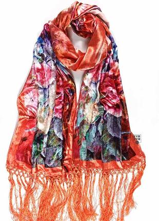 Бархатный шелковый натуральный шарф палантин 100% шелк с цветами новый качественный2 фото