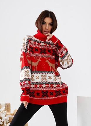 Женский теплый свитер светр овесайз зимний с оленями удлиненный под горло гольф теплий10 фото