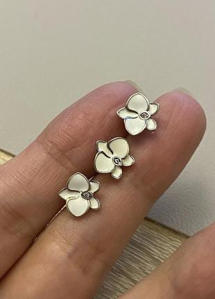 Сережки гвоздики пандора "біла орхідея", срiбло 925, нові