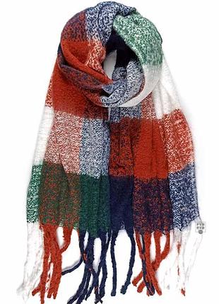 Теплий зимовий шерстяний шарф-плед палантин яскравий товстий об'ємний клітина