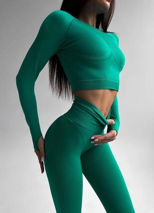 Спортивний жіночий костюм hot для фітнесу, спорту, йоги з подвійним push up (рашгард, легінси), нефрит - зелений