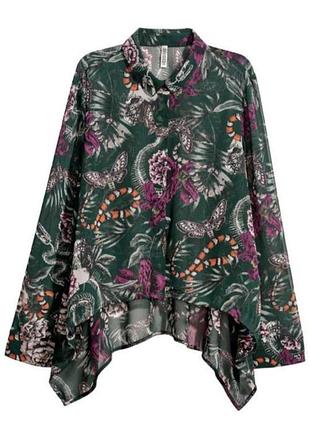 H&m новая шифоновая блуза рубашка оверсайз ассиметрия принт цветы бабочки змеи