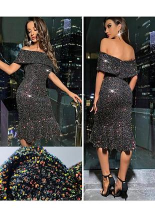 Вечернее миди платье с открытыми плечами платье в пайетках миди платье годе русалка нарядное миди платье черная блестящея