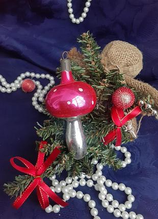 Винтаж!🍄🎄🎠 гриб мухомор стеклянная амальгамма елочная новогодняя игрушка ссср советская ретро эмали грибок