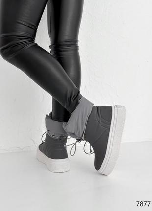 Ботинки дутики женские экокожа + плащевка, белые/серые зима8 фото