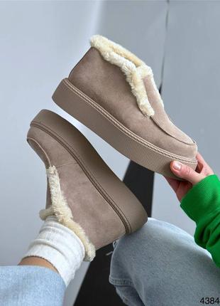 Лоферы женские замшевые бежевые ботинки зимние10 фото