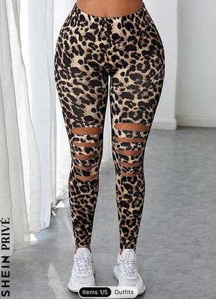 Shein лосины леггинсы женские леопардовый принт черные с разрезами на коленях ногах xl xxl