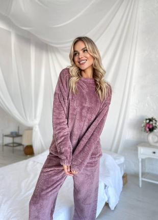 Теплая пижама из двухсторонней махры с манжетами на резинке кофтой с брюками одежда для дома домашний костюм6 фото