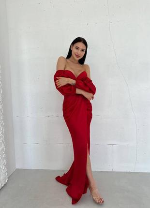 Вечернее платье со шлейфом атласное с рукавами фонариками с корсетным лифом с разрезом чёрное бежевое розовое пудровое красное синее морская волна