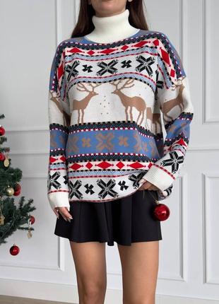Свитер новогодний, рождественский,зимний в стиле оверзайз (свитер oversize), производитель туречки, качественная фабричная вязка, резьбовые цвета.
