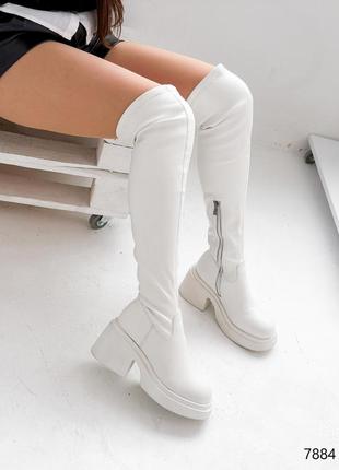 Сапоги ботфорты женские экокожа белые зима