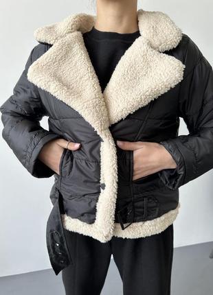 Куртка авиатор черная короткая на меху зима8 фото