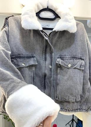 Куртка джинсова тепла на хутрі сіра зима2 фото