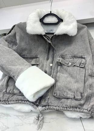 Куртка джинсова тепла на хутрі сіра зима4 фото