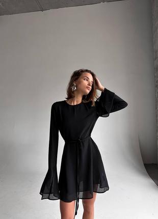 Черное короткое шифоновое платье на длинный рукав4 фото