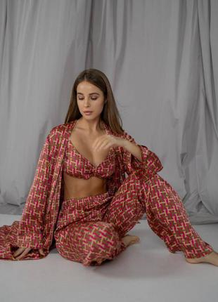 Пижамный шелковый костюм тройка бра халат и брюки