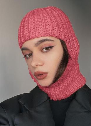 Шапка балаклава капор каптур  тюрбан в’язана крупної в’язки капюшон в’язаний лижна маска головний убор снуд баф рожевий малиновий