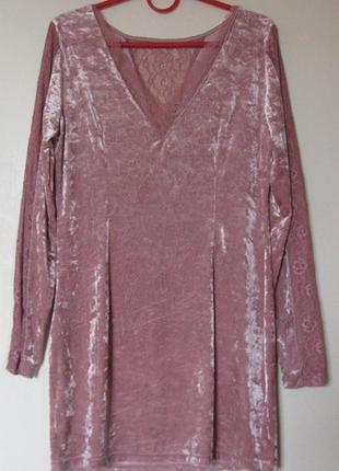 Вечірнє плаття з рожевого м'ятого стрейч-велюру з мереживом h4 фото