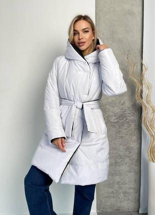 Женская зимняя удлиненная двусторонняя куртка из плотной плащевки  с поясом размеры 42-486 фото