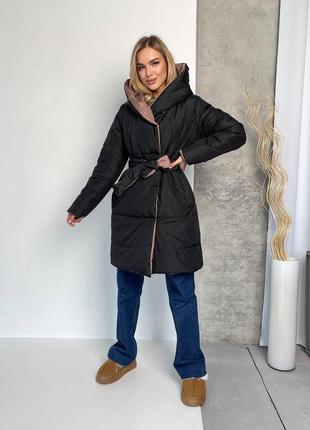 Женская зимняя удлиненная двусторонняя куртка из плотной плащевки  с поясом размеры 42-4810 фото