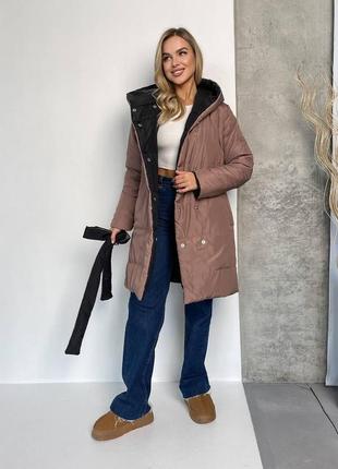 Женская зимняя удлиненная двусторонняя куртка из плотной плащевки  с поясом размеры 42-488 фото