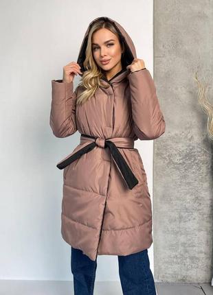 Женская зимняя удлиненная двусторонняя куртка из плотной плащевки  с поясом размеры 42-489 фото