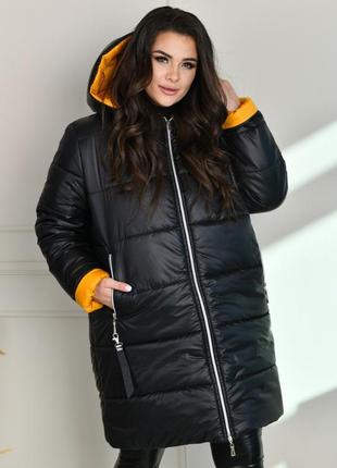 Тепле зимове стьобане пальто на синтепоні з капюшоном1 фото