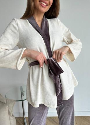 Christel 128 капучино пижама домашний костюм женский короткий халат жакет штаны и майка9 фото