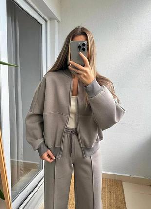 Костюм спортивный в стиле zara на флисе мокко молоко серый черный на молнией брюки палаццо