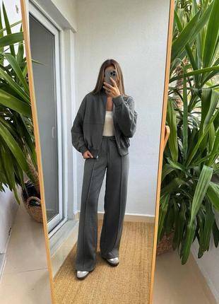 Костюм спортивный в стиле zara на флисе мокко молоко серый черный на молнией брюки палаццо