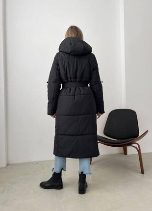 Куртка пальто с капюшоном длинная поясом зима черная мокко2 фото