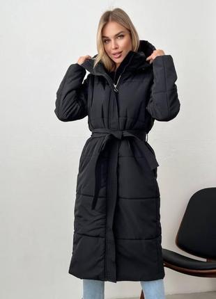 Куртка пальто с капюшоном длинная поясом зима черная мокко1 фото