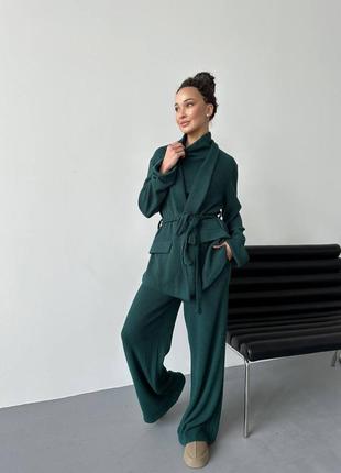 Брючный костюм тройка чёрный серый зелёный молочный коричневый голубой бордовый брюки палаццо топ блуза кардиган рубашка пиджак жакет кимоно