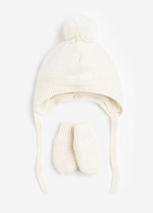 Теплий вʼязаний комплект на флісі шапка та рукавиці для дівчинки h&m1 фото