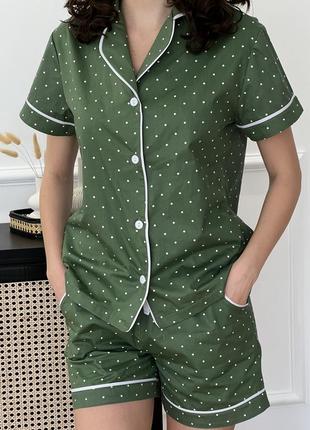 Женский домашний комплект из сатина cosy (шорты+рубашка) зеленая в горошек.4 фото