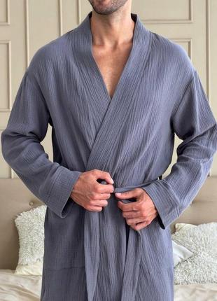Чоловічий мусліновий халат cosy estet темно-сірий5 фото