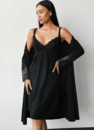 Халат + нічна сорочка для вагітних та годування, чорний3 фото