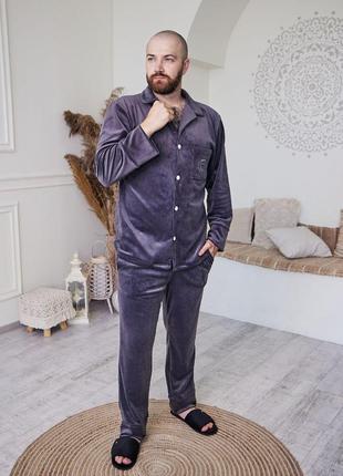 Домашній костюм піжама чоловіча велюр плюш сорочка і штани томіко графіт7 фото