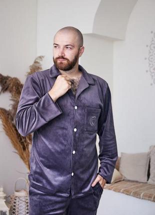 Домашній костюм піжама чоловіча велюр плюш сорочка і штани томіко графіт4 фото