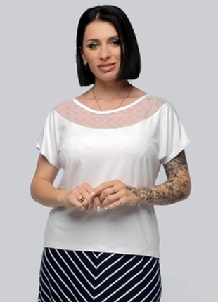 Фирменная белая трикотажная блуза с шифоновой вставкой1 фото