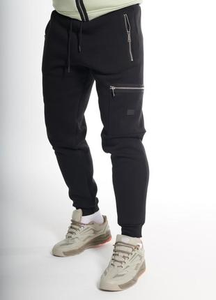 Чоловічі спортивні штани з начосом rapid чорні утеплені з кишенями на блискавці