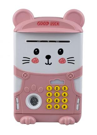 Копилка-сейф мышонок с кодовым замком и отпечатком пальца, розовый