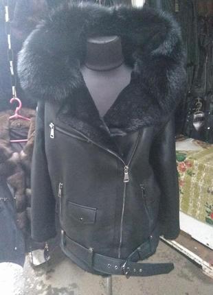 Дублянка натуральна овчина песець капюшон косуха пілот авіатор
