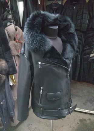 Дублянка натуральна овчина песець капюшон косуха пілот авіатор