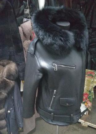 Дублянка натуральна овчина песець капюшон косуха пілот авіатор